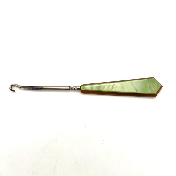 Vintage Victorian Era Bakelite Button Hook Tool Metal Shaft Pearl Green & Brown - Picture 1 of 9